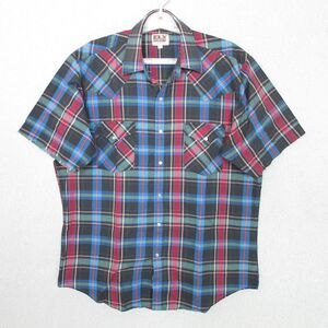Ely Cattleman Shirt Mens L Short Sleeve Pearl Snap Plaid Western Two Pocket